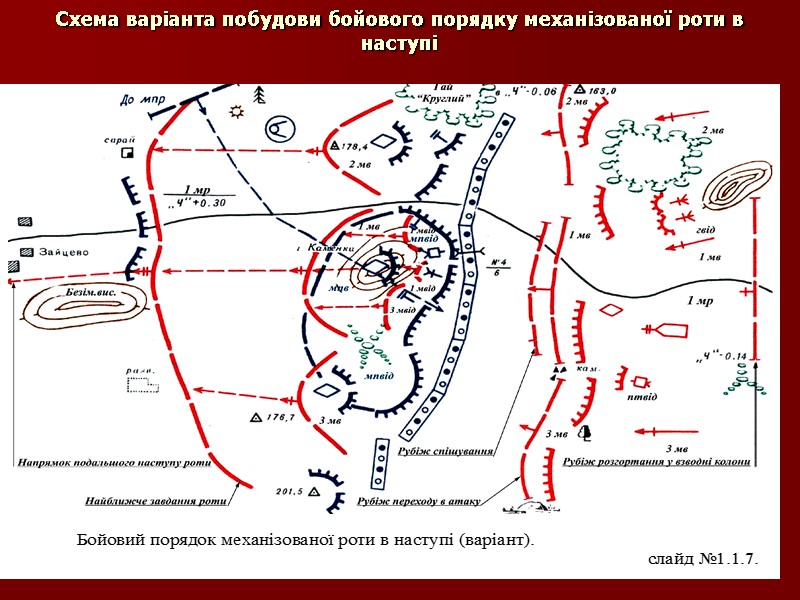 Схема варіанта побудови бойового порядку механізованої роти в наступі
